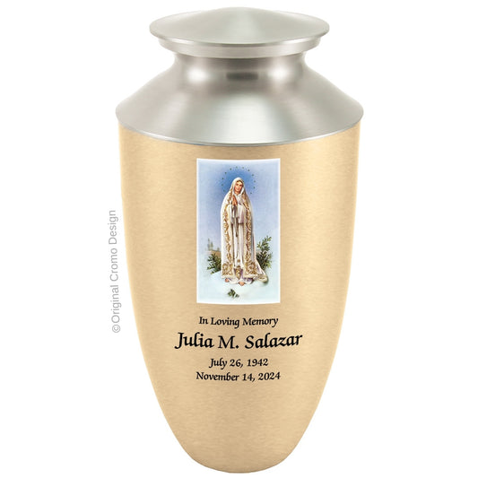 Catholic cremation urn with Our Lady of Fatima  Wood finish by Cromo NB