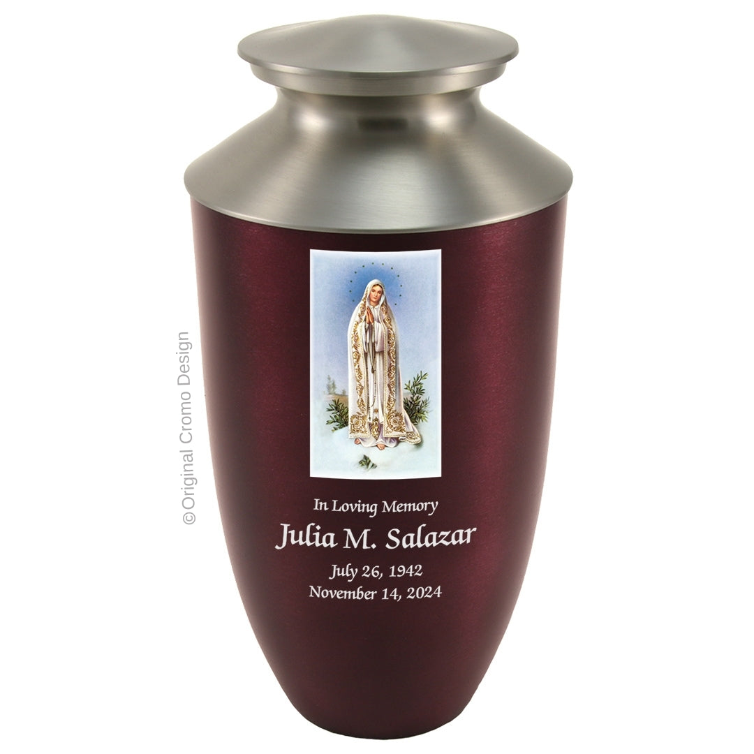 Catholic cremation urn with Our Lady of Fatima  Wood finish by Cromo NB