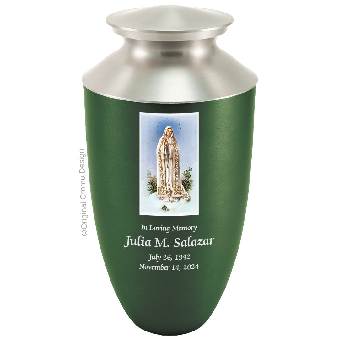 Catholic cremation urn with Our Lady of Fatima  Wood finish by Cromo NB
