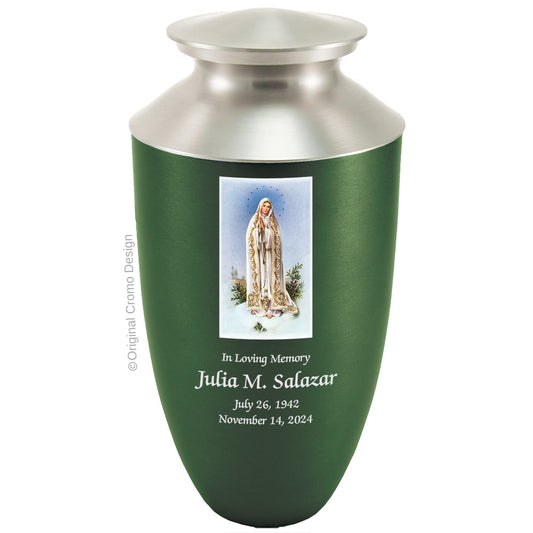 Catholic cremation urn with Our Lady of Fatima  Wood finish by Cromo NB