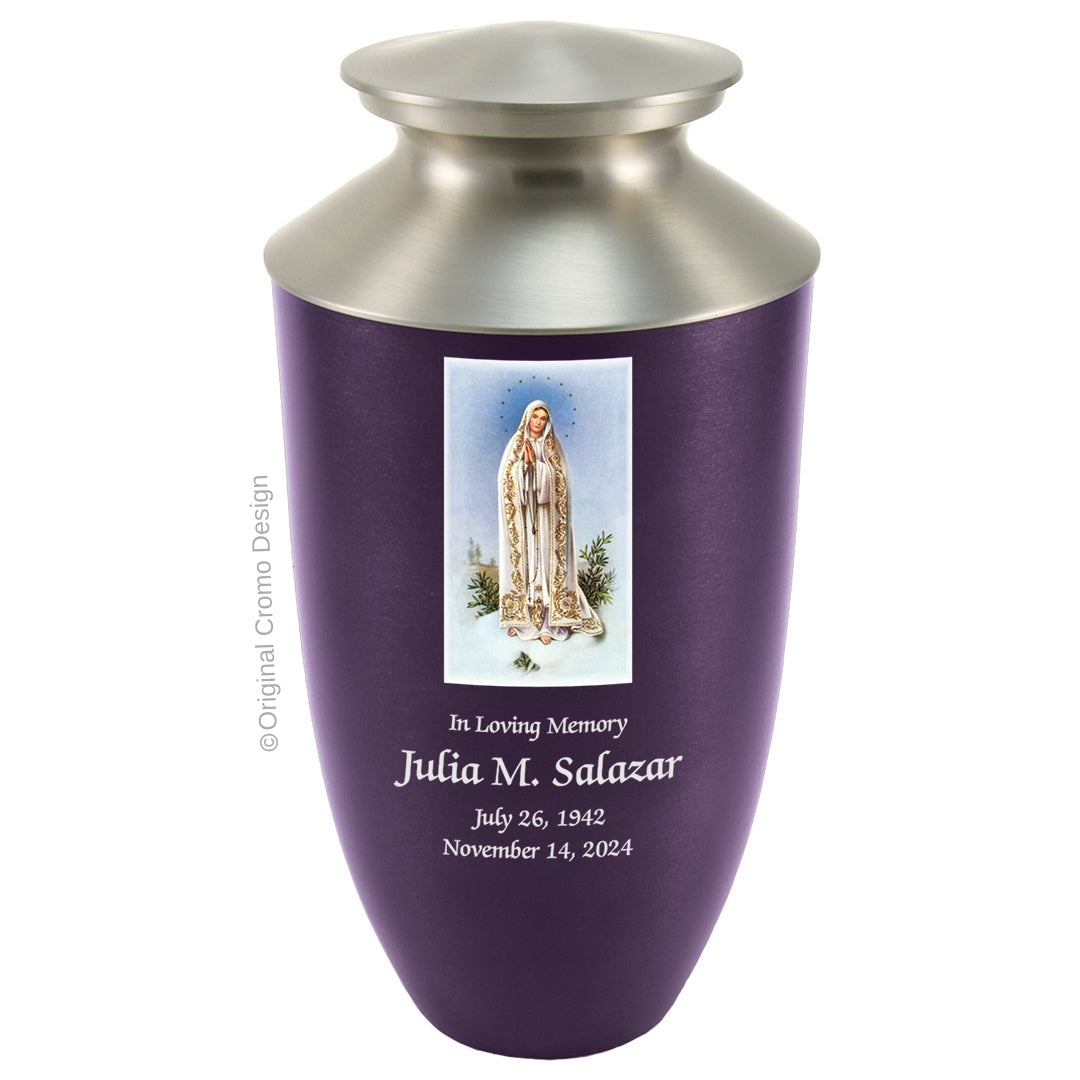 Catholic cremation urn with Our Lady of Fatima  Wood finish by Cromo NB