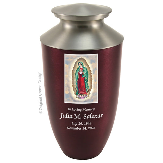 Catholic cremation urn with Our Lady of Guadalupe English  Wood finish by Cromo NB