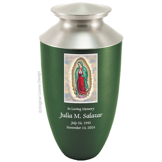 Catholic cremation urn with Our Lady of Guadalupe English  Wood finish by Cromo NB