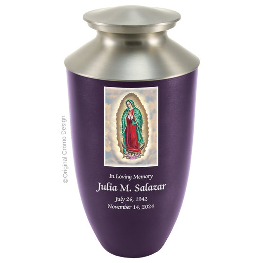 Catholic cremation urn with Our Lady of Guadalupe English  Wood finish by Cromo NB