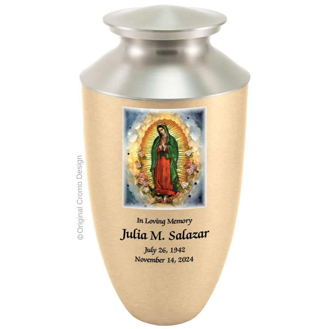 Catholic cremation urn with Our Lady of Guadalupe Spanish  Wood finish by Cromo NB