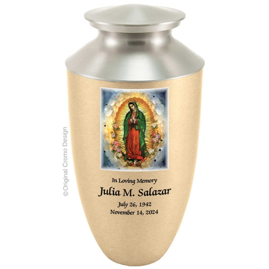 Catholic cremation urn with Our Lady of Guadalupe Spanish  Wood finish by Cromo NB