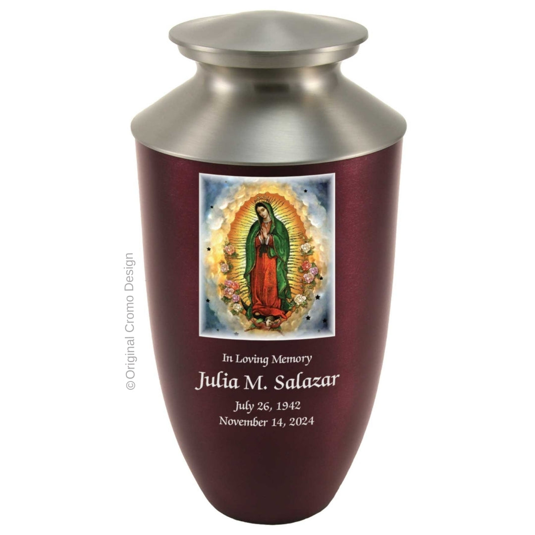 Catholic cremation urn with Our Lady of Guadalupe Spanish  Wood finish by Cromo NB