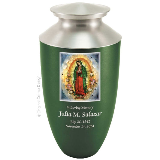 Catholic cremation urn with Our Lady of Guadalupe Spanish  Wood finish by Cromo NB