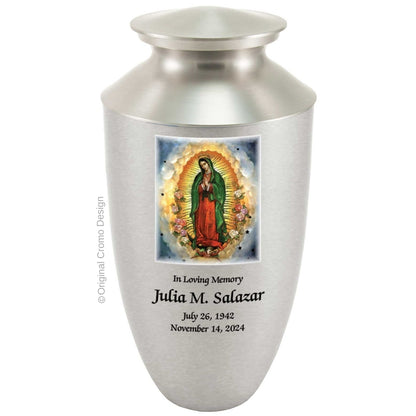 Catholic cremation urn with Our Lady of Guadalupe English  Wood finish by Cromo NB