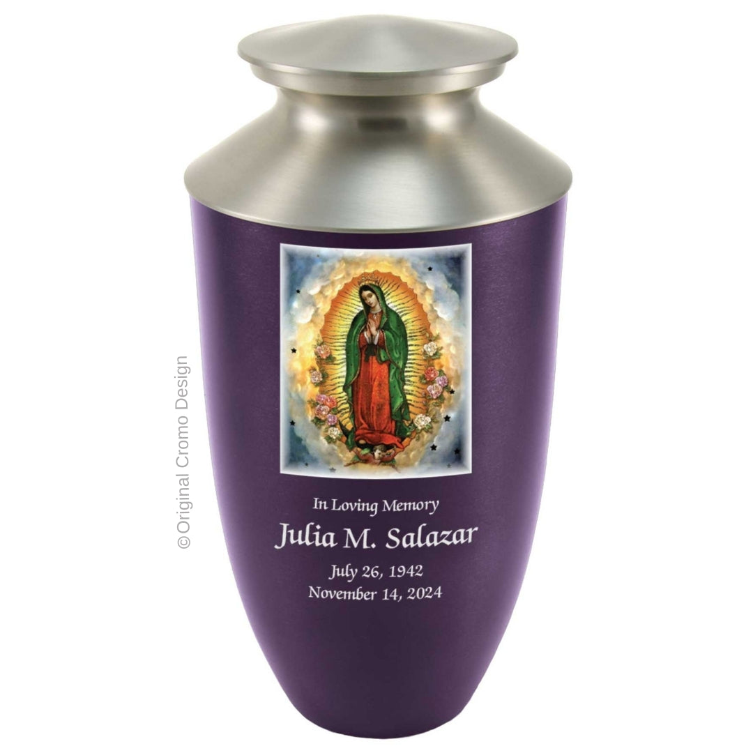 Catholic cremation urn with Our Lady of Guadalupe Spanish  Wood finish by Cromo NB