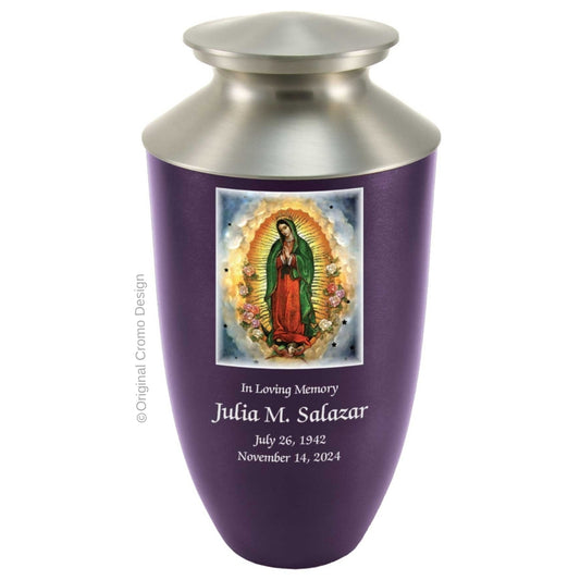 Catholic cremation urn with Our Lady of Guadalupe Spanish  Wood finish by Cromo NB
