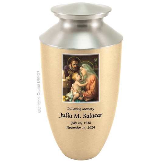 Catholic cremation urn with Holy Family  Wood finish by Cromo NB