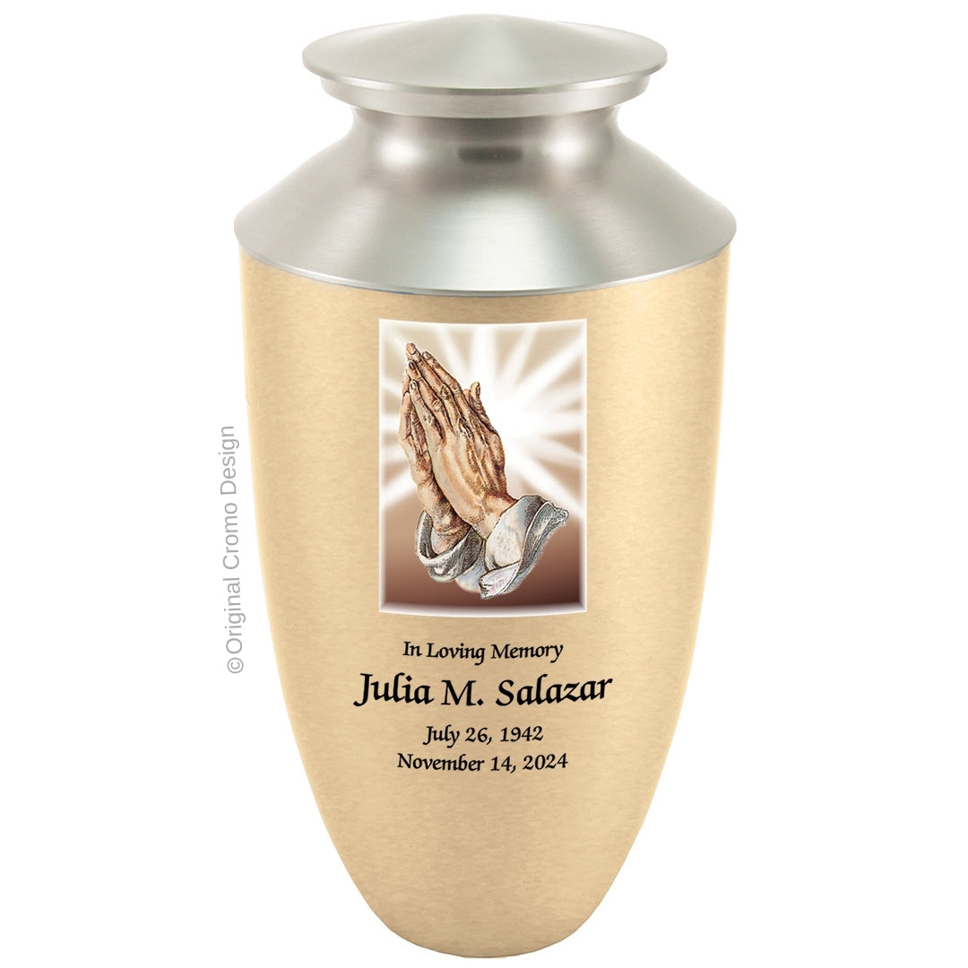 Catholic cremation urn with Praying Hands  Wood finish by Cromo NB
