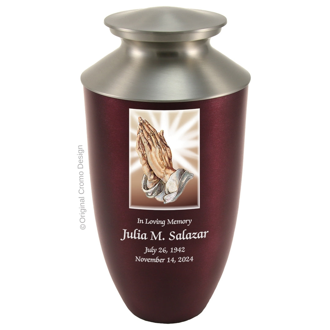 Catholic cremation urn with Praying Hands  Wood finish by Cromo NB