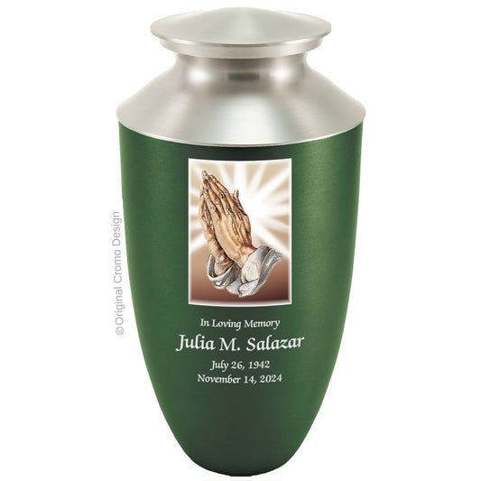 Catholic cremation urn with Praying Hands  Wood finish by Cromo NB
