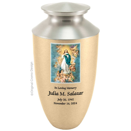 Catholic cremation urn with Immaculate Conception  Wood finish by Cromo NB