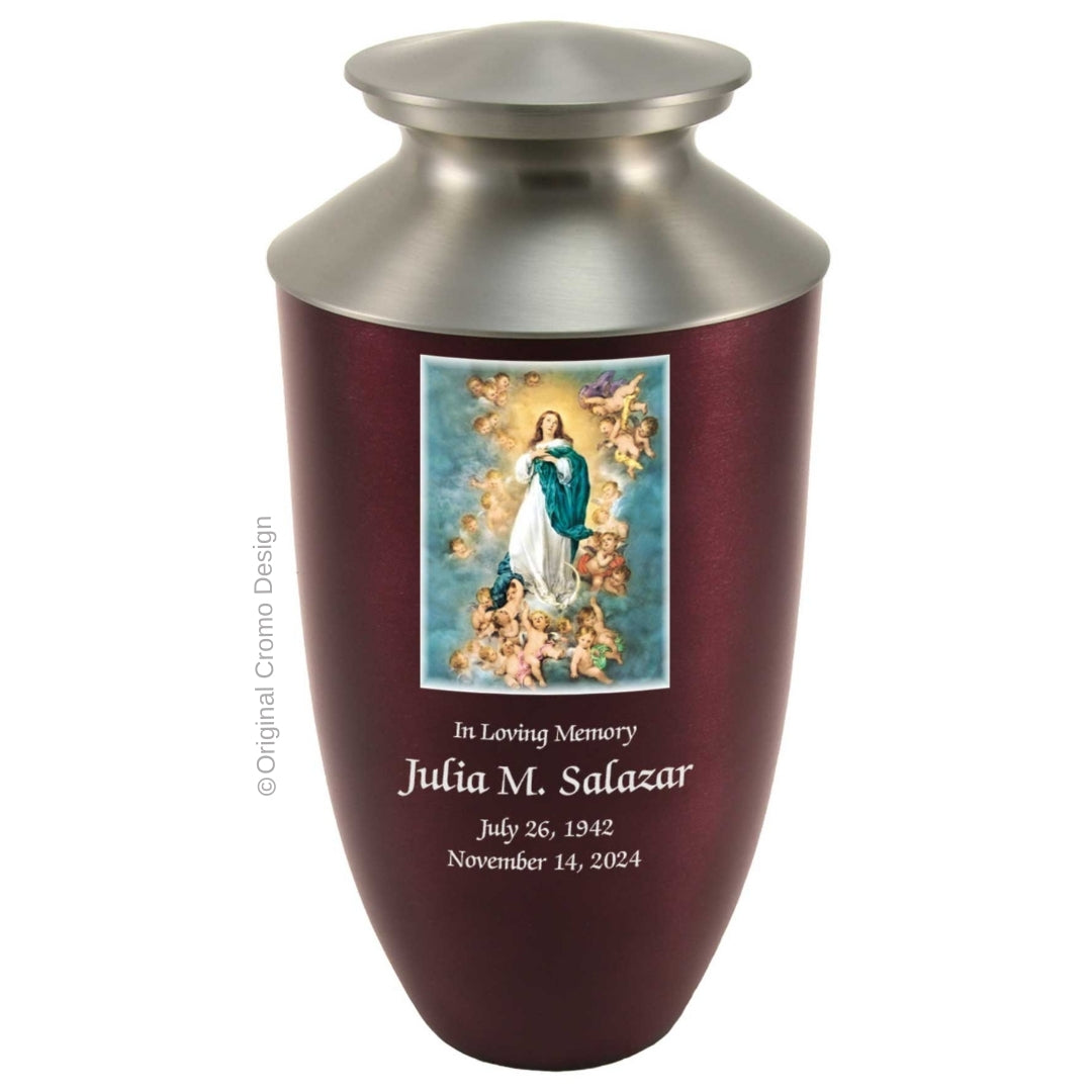 Catholic cremation urn with Immaculate Conception  Wood finish by Cromo NB