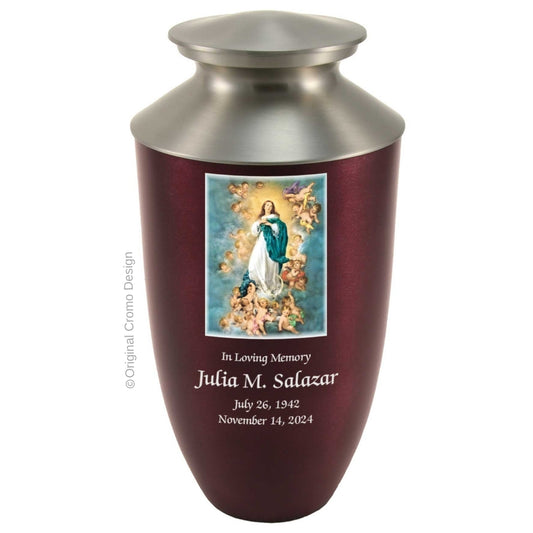 Catholic cremation urn with Immaculate Conception  Wood finish by Cromo NB
