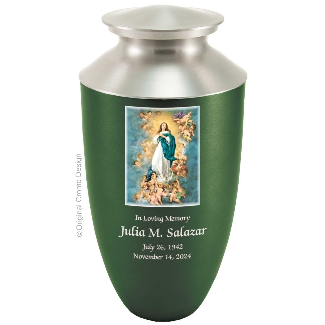 Catholic cremation urn with Immaculate Conception  Wood finish by Cromo NB