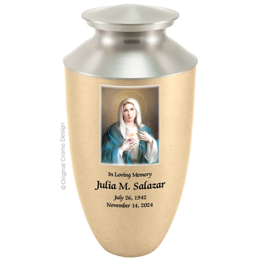 Catholic cremation urn with Immaculate Heart of Mary  Wood finish by Cromo NB