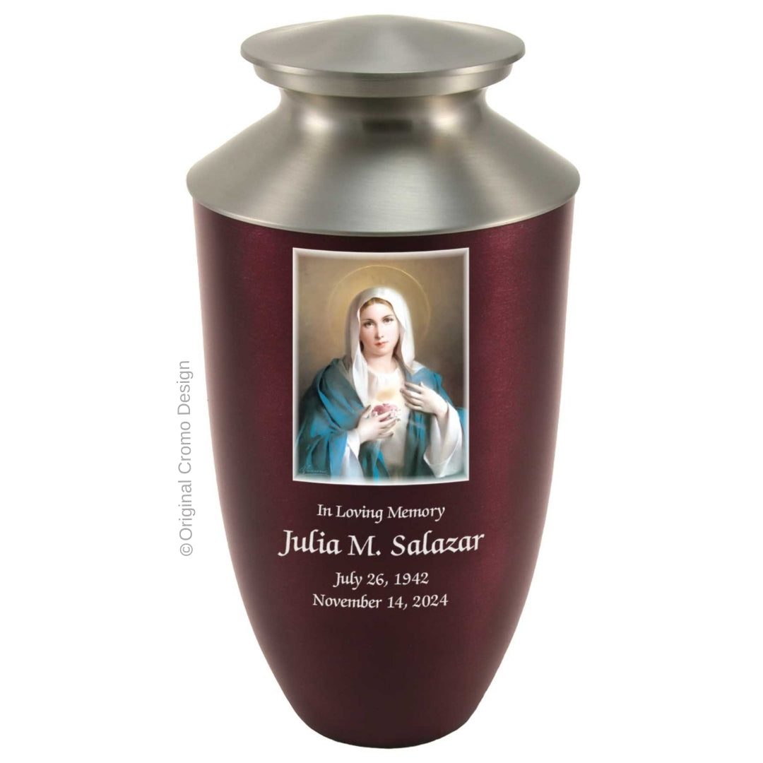 Catholic cremation urn with Immaculate Heart of Mary  Wood finish by Cromo NB