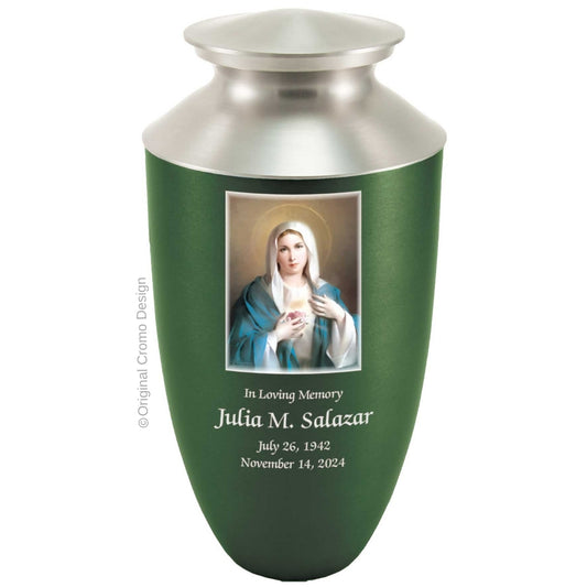 Catholic cremation urn with Immaculate Heart of Mary  Wood finish by Cromo NB