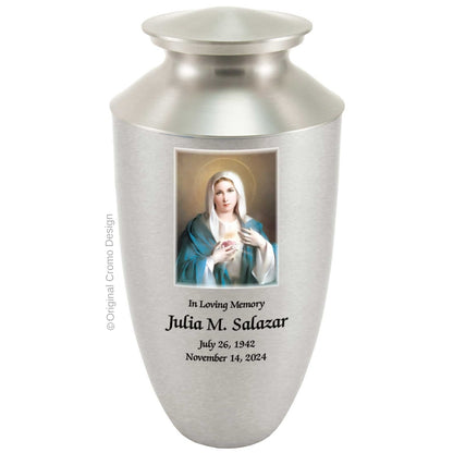 Catholic cremation urn with Immaculate Conception  Wood finish by Cromo NB