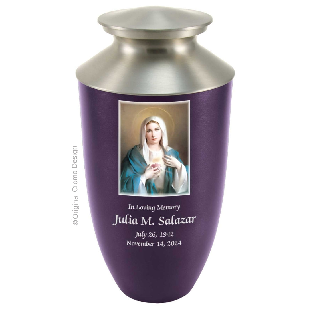 Catholic cremation urn with Immaculate Heart of Mary  Wood finish by Cromo NB