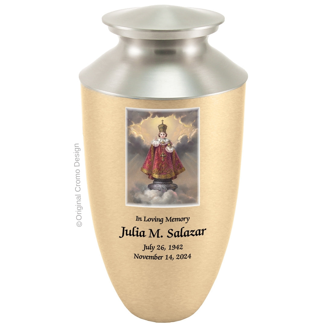Catholic cremation urn with Infant of Prague  Wood finish by Cromo NB