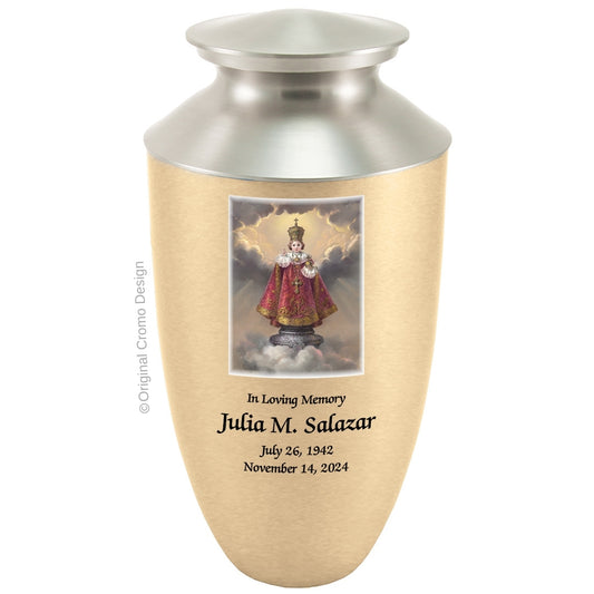 Catholic cremation urn with Infant of Prague  Wood finish by Cromo NB