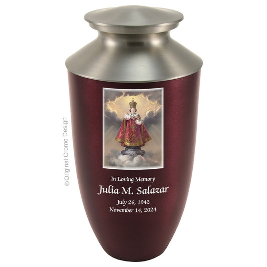 Catholic cremation urn with Infant of Prague  Wood finish by Cromo NB