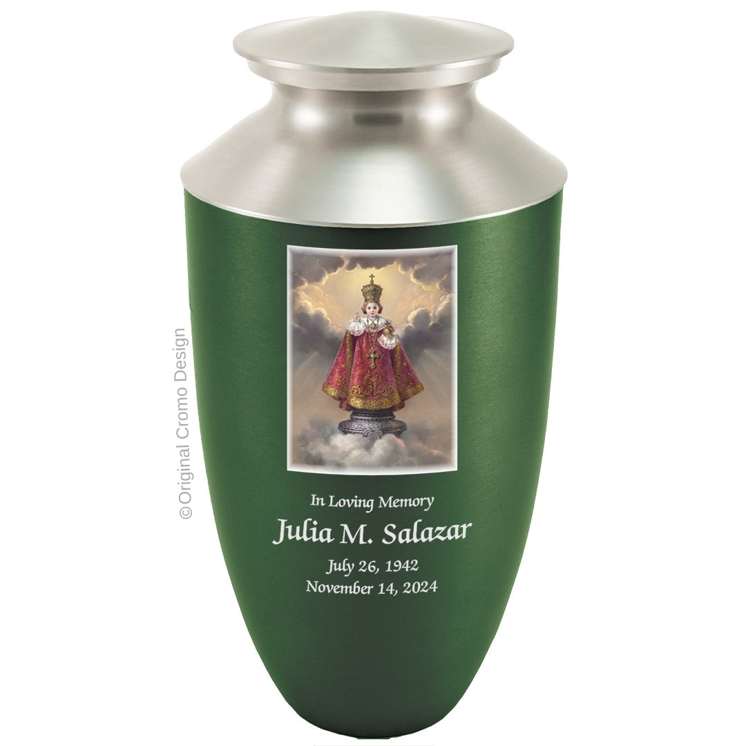 Catholic cremation urn with Infant of Prague  Wood finish by Cromo NB