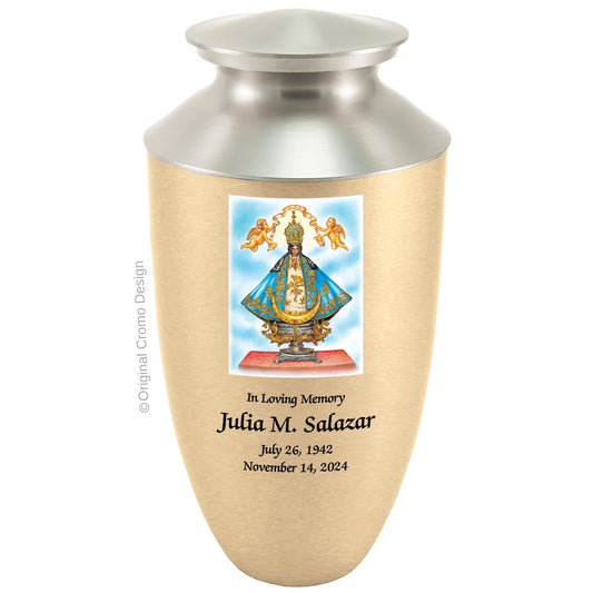 Catholic cremation urn with Our Lady of San Juan de Lagos  Wood finish by Cromo NB