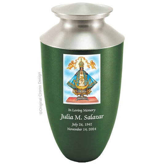 Catholic cremation urn with Our Lady of San Juan de Lagos  Wood finish by Cromo NB