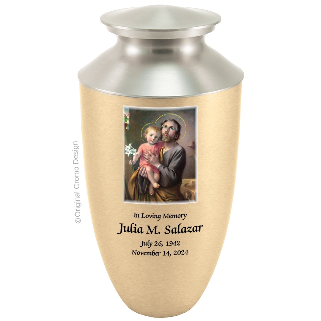 Catholic cremation urn with Saint Joseph  Wood finish by Cromo NB