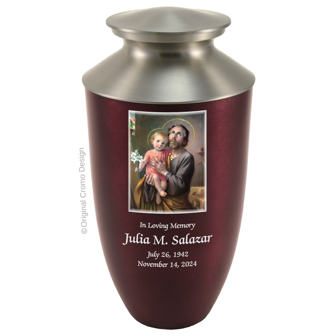 Catholic cremation urn with Saint Joseph  Wood finish by Cromo NB