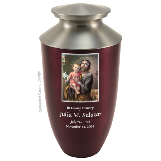 Catholic cremation urn with Saint Joseph  Wood finish by Cromo NB