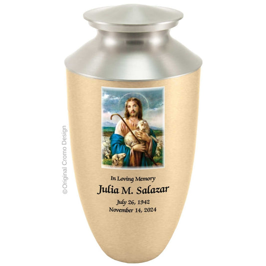 Catholic cremation urn with Jesus Shepherd  Wood finish by Cromo NB