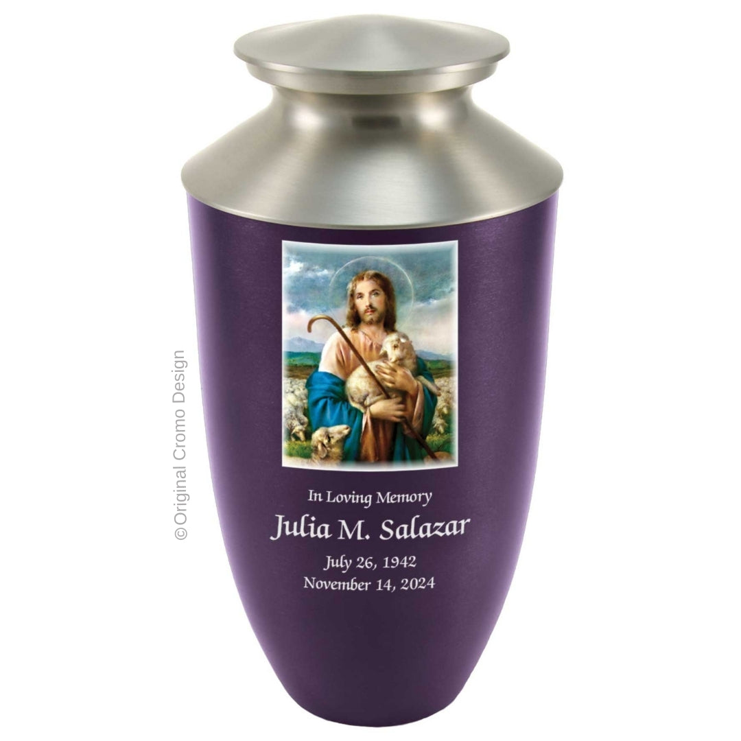 Catholic cremation urn with Jesus Shepherd  Wood finish by Cromo NB