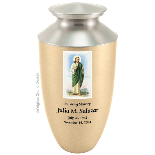 Catholic cremation urn with Saint Jude  Wood finish by Cromo NB