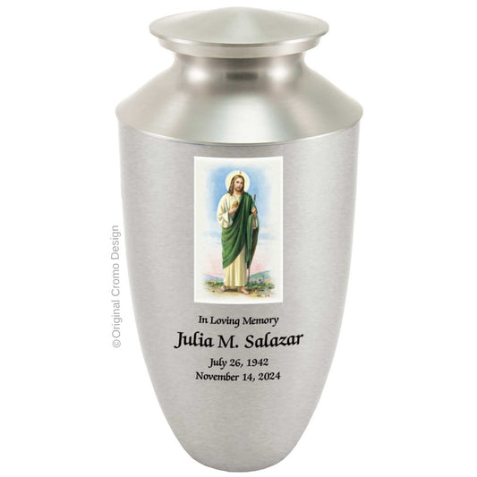 Catholic cremation urn with Jesus Shepherd  Wood finish by Cromo NB