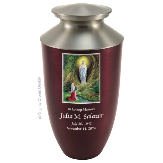 Catholic cremation urn with Our Lady of Lourdes  Wood finish by Cromo NB
