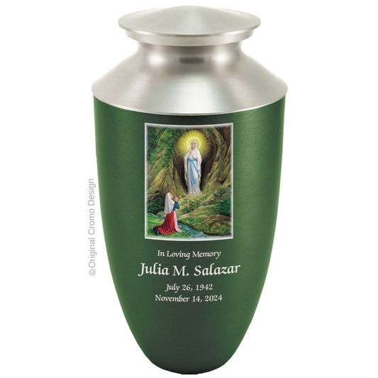 Catholic cremation urn with Our Lady of Lourdes  Wood finish by Cromo NB