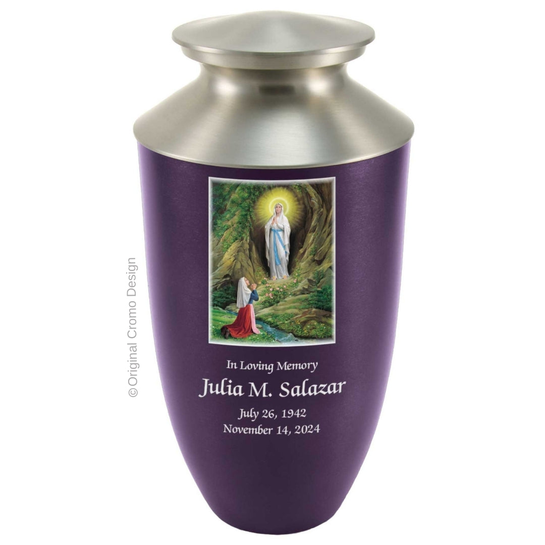 Catholic cremation urn with Our Lady of Lourdes  Wood finish by Cromo NB