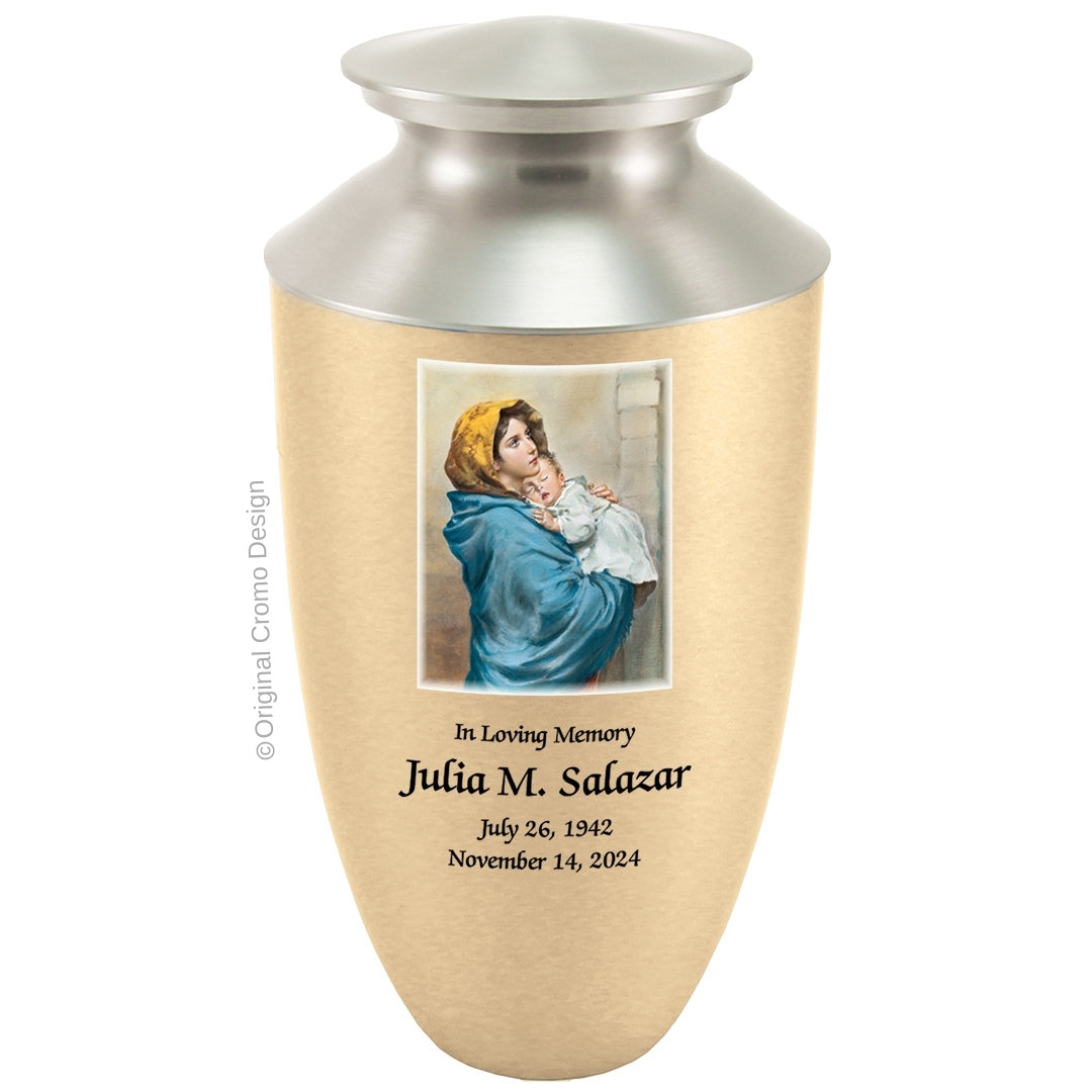 Catholic cremation urn with Madonna of The Street  Wood finish by Cromo NB