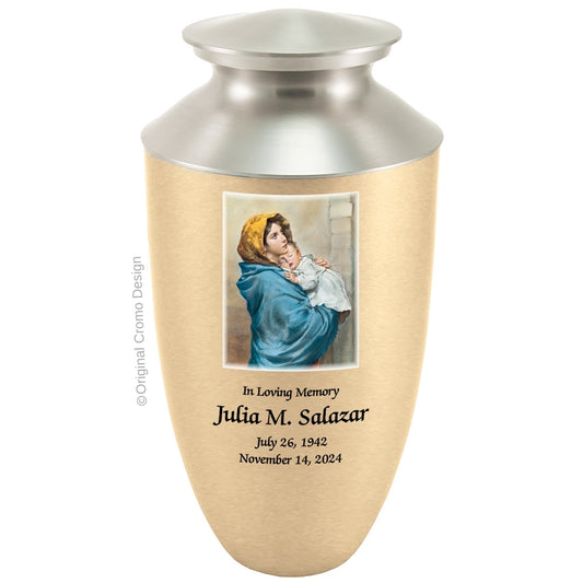 Catholic cremation urn with Madonna of The Street  Wood finish by Cromo NB