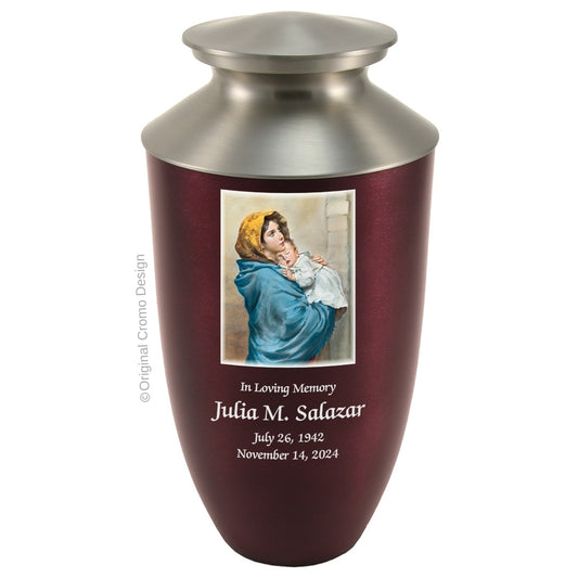 Catholic cremation urn with Madonna of The Street  Wood finish by Cromo NB