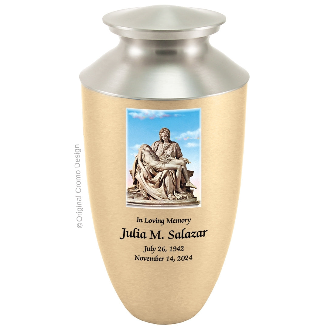 Catholic cremation urn with Pieta Michelangelo  Wood finish by Cromo NB