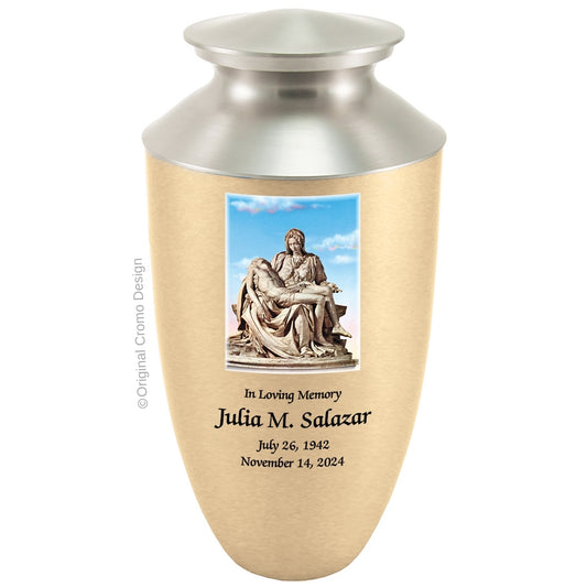 Catholic cremation urn with Pieta Michelangelo  Wood finish by Cromo NB