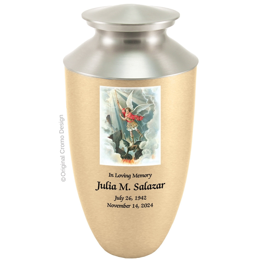 Catholic cremation urn with Saint Michael Archangel  Wood finish by Cromo NB